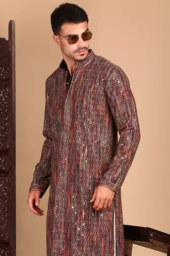 Beige chicgeometric patternchikankari kurta with sequin