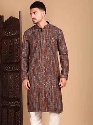 Beige chicgeometric patternchikankari kurta with sequin 4
