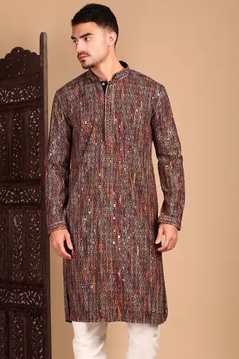 Beige chicgeometric patternchikankari kurta with sequin