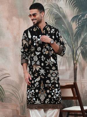 Black polyester floral print kurta with heavy embellished work 3