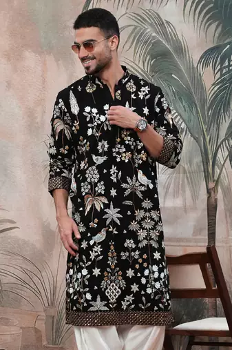 Black polyester floral print kurta with heavy embellished work