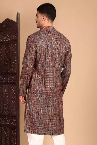 Beige chicgeometric patternchikankari kurta with sequin