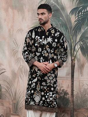 Black polyester floral print kurta with heavy embellished work 4