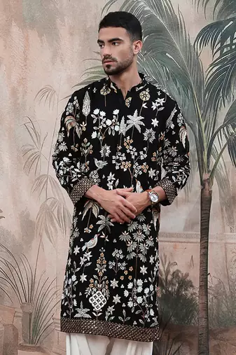 Black polyester floral print kurta with heavy embellished work