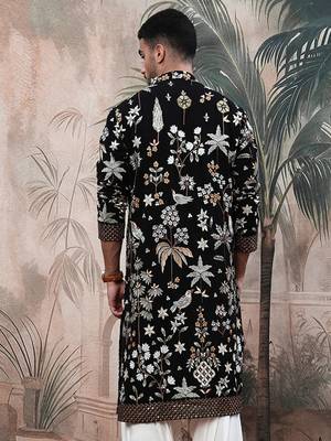 Black polyester floral print kurta with heavy embellished work 5