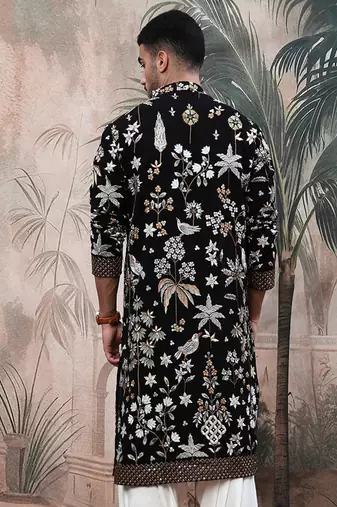 Black polyester floral print kurta with heavy embellished work