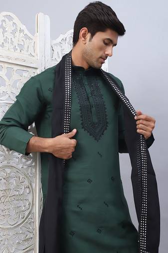 Olive silk blend embroidered kurta pyjama set