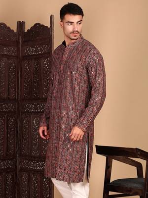 Brown chicgeometric patternchikankari kurta with sequin 2