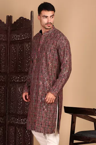 Brown chicgeometric patternchikankari kurta with sequin