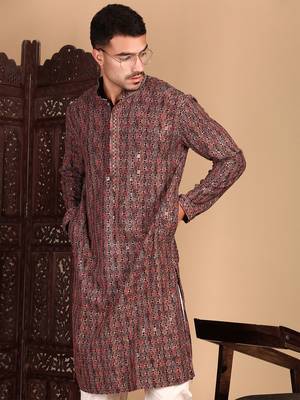 Brown chicgeometric patternchikankari kurta with sequin 3