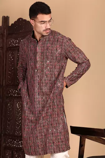 Brown chicgeometric patternchikankari kurta with sequin