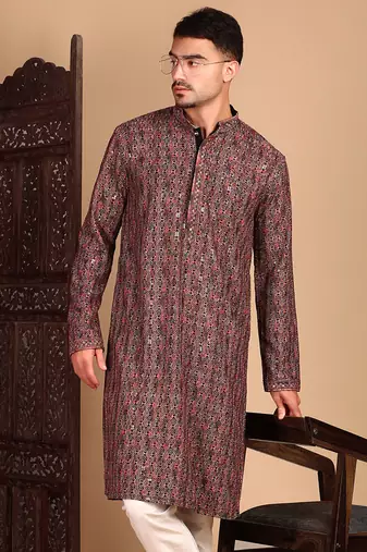 Brown chicgeometric patternchikankari kurta with sequin
