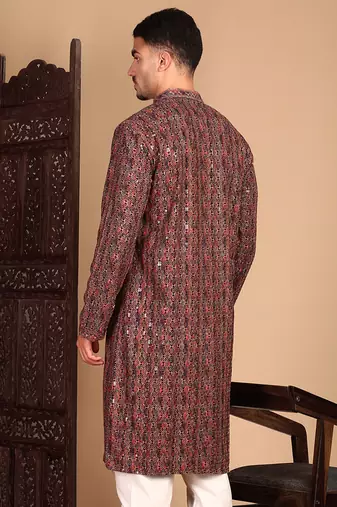 Brown chicgeometric patternchikankari kurta with sequin