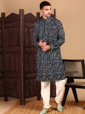 Firozi chicgeometric patternchikankari kurta with sequin 1