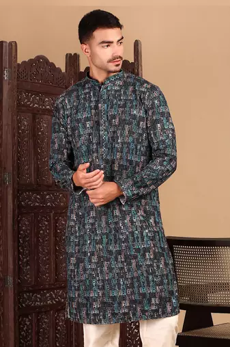 Firozi chicgeometric patternchikankari kurta with sequin