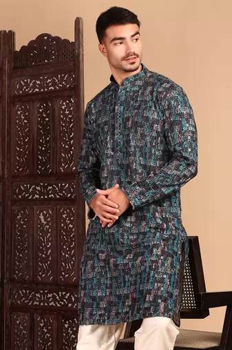 Firozi chicgeometric patternchikankari kurta with sequin
