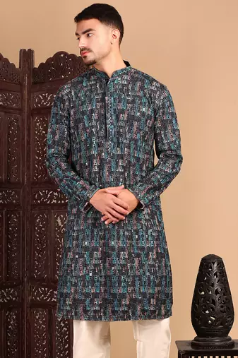 Firozi chicgeometric patternchikankari kurta with sequin