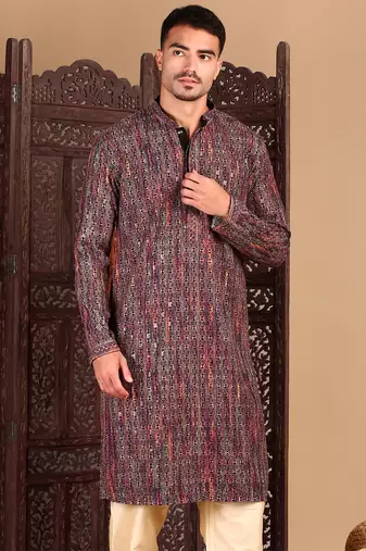 Orange chicgeometric patternchikankari kurta with sequin