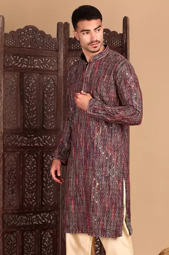 Orange chicgeometric patternchikankari kurta with sequin