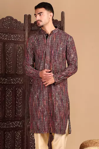 Orange chicgeometric patternchikankari kurta with sequin