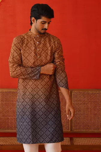 Brown cotton blend printed kurta pyjama set