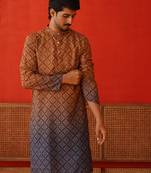 Brown cotton blend printed kurta pyjama set