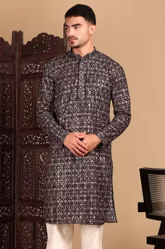 Black chicgeometric patternchikankari kurta with sequin