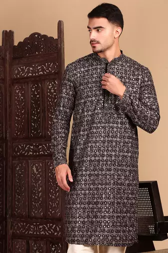 Black chicgeometric patternchikankari kurta with sequin