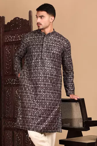 Black chicgeometric patternchikankari kurta with sequin