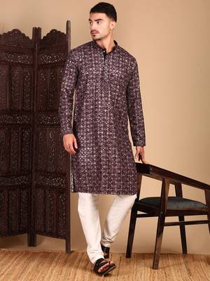 Rust chicgeometric patternchikankari kurta with sequin 1