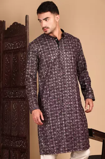 Rust chicgeometric patternchikankari kurta with sequin