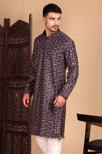 Rust chicgeometric patternchikankari kurta with sequin