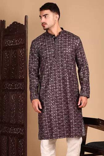 Rust chicgeometric patternchikankari kurta with sequin