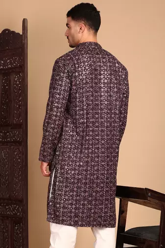 Rust chicgeometric patternchikankari kurta with sequin