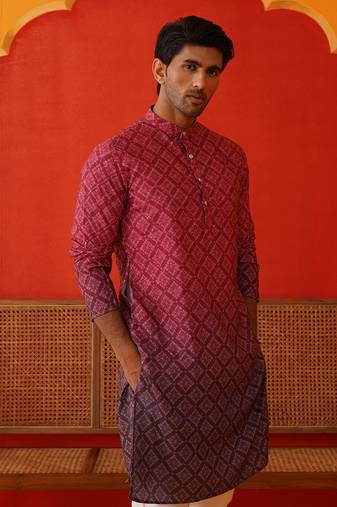 Maroon cotton blend printed kurta pyjama set