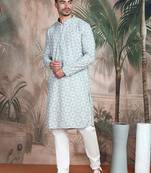 Grey geometric patternchikankari kurta with sequin