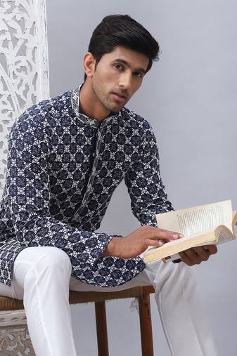 Navy viscose rayon embroidered blue kurta pyjama set