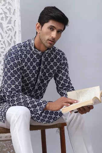 Navy viscose rayon embroidered blue kurta pyjama set