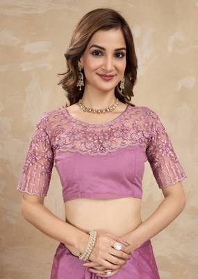 Trendmalls Lilac Art Silk Floral Thread Embroidered Saree with Unstitched Blouse piece 7