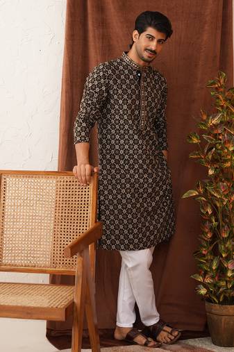 Black viscose rayon embroidered kurta pyjama set