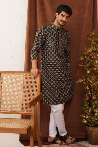 Black viscose rayon embroidered kurta pyjama set