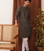 Black viscose rayon embroidered kurta pyjama set