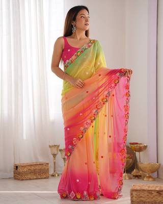 Green embroidery work bollywood style georgette saree 1