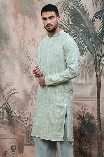 Green solid steelembroidered rayon kurta