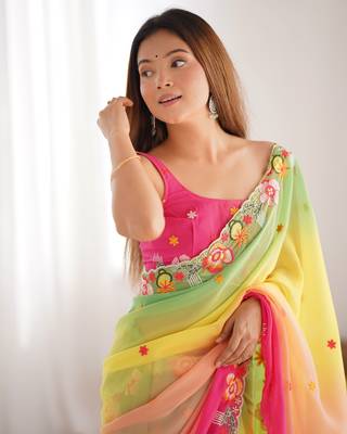 Green embroidery work bollywood style georgette saree 3