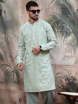 Green solid steelembroidered rayon kurta 3