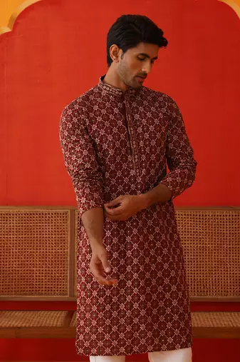 Maroon viscose rayon embroidered kurta pyjama set