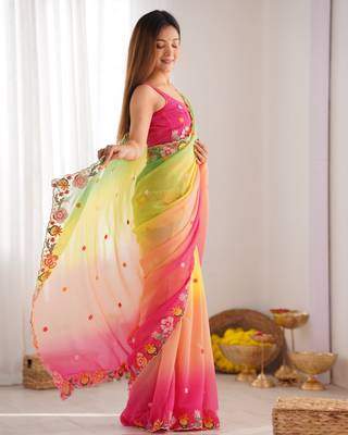 Green embroidery work bollywood style georgette saree 4