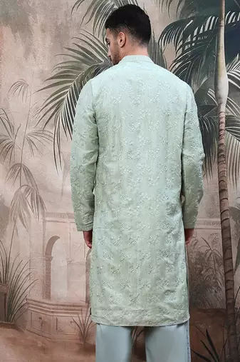 Green solid steelembroidered rayon kurta
