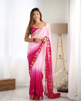 Pink embroidery work style georgette saree 1